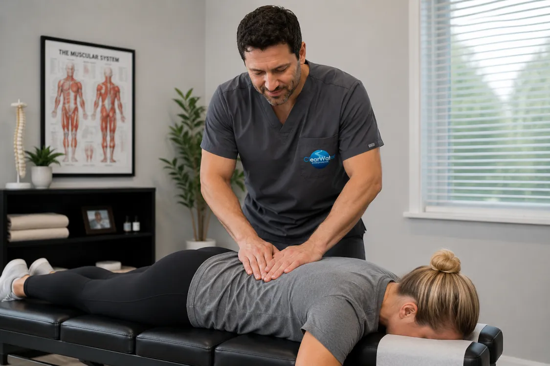 Dr. Flood performing chiropractic treatment for back pain at Clearwater Chiropractic in Eau Claire, WI