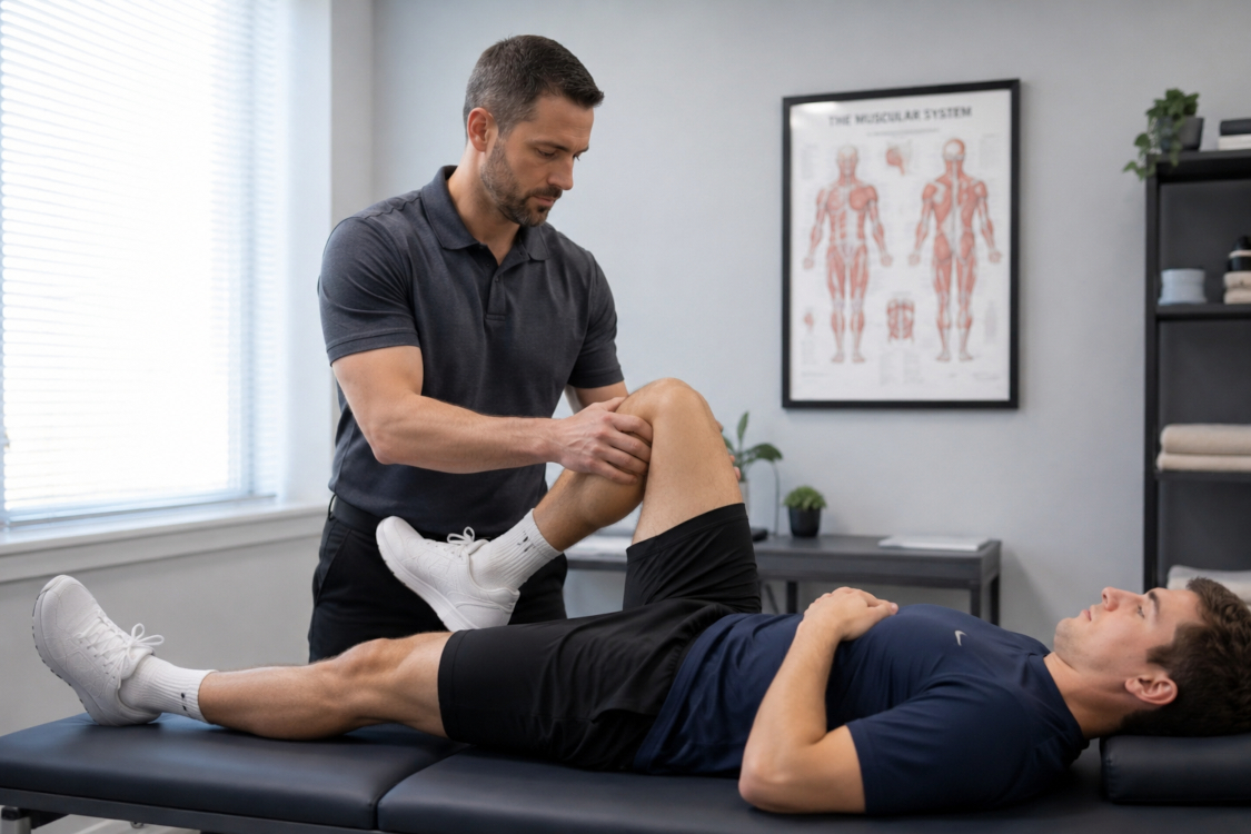Chiropractor evaluating a young athlete's knee injury during sports injury treatment in Eau Claire, WI