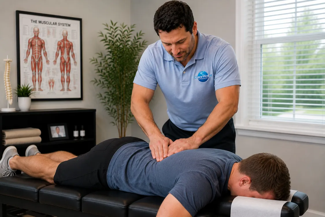 Dr. Flood performing a chiropractic adjustment for low back pain relief at Clearwater Chiropractic in Eau Claire, WI