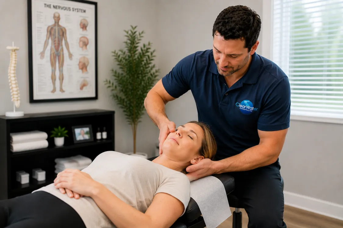 Dr. Flood providing chiropractic treatment for migraine relief at Clearwater Chiropractic in Eau Claire, WI