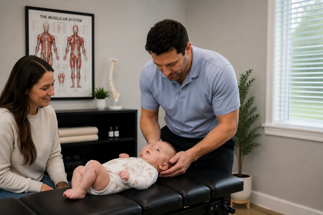 Dr. Flood providing gentle chiropractic care for an infant at Clearwater Chiropractic in Eau Claire, WI