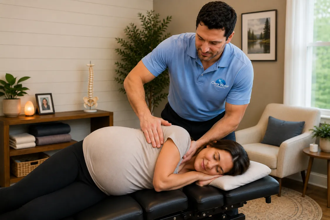 Dr. Flood providing gentle prenatal chiropractic care for a pregnant patient in Eau Claire, WI