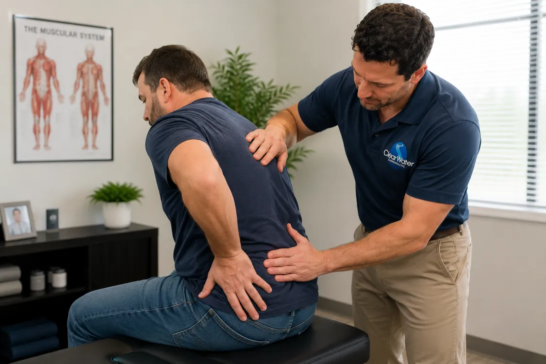 Dr. Flood evaluating a patient with a work-related back injury at Clearwater Chiropractic in Eau Claire, WI