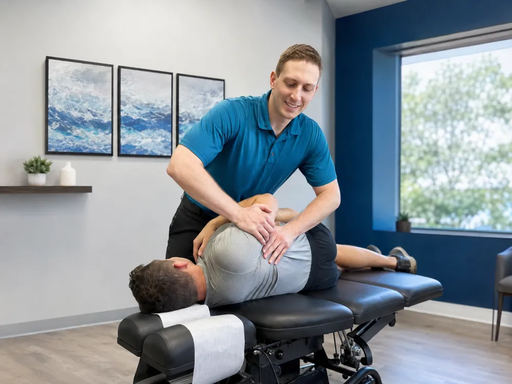 Dr. Kelbel performing a chiropractic adjustment for a patient with back pain