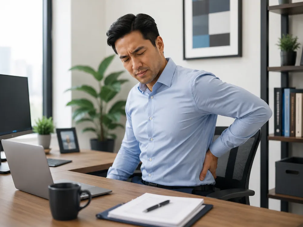 Office worker experiencing lower back pain while sitting at his desk