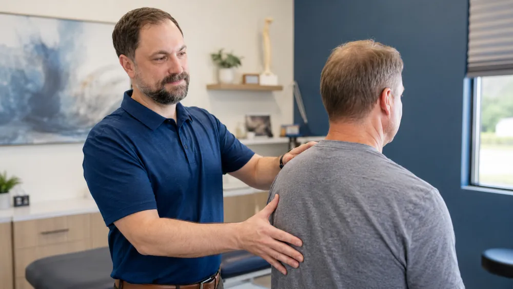 Dr. Flood evaluating a patient’s posture and upper back movement