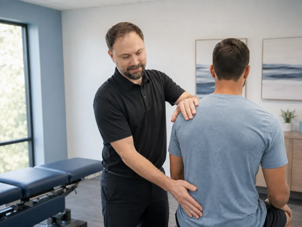Dr. Flood evaluating a patient’s low back and posture at Clearwater Chiropractic