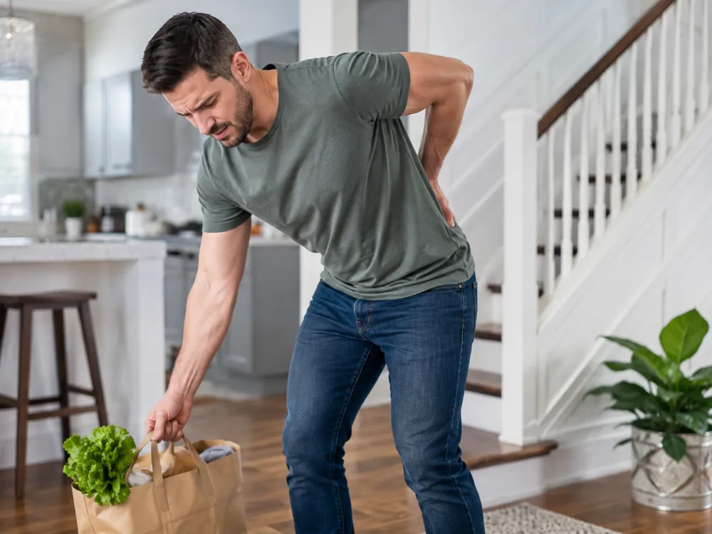 Man experiencing low back pain while lifting groceries at home