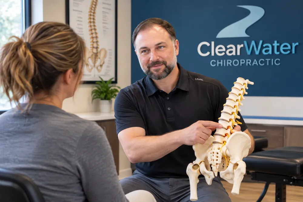Dr. Flood explaining the lower spine and sciatic nerve during a chiropractic evaluation