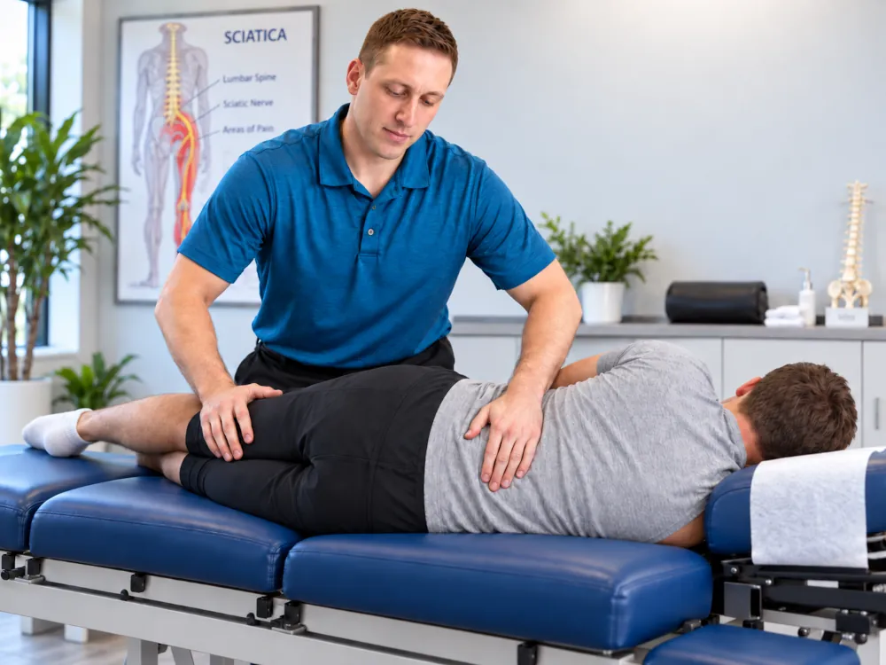 Dr. Kelbel performing a chiropractic adjustment for a patient with sciatica