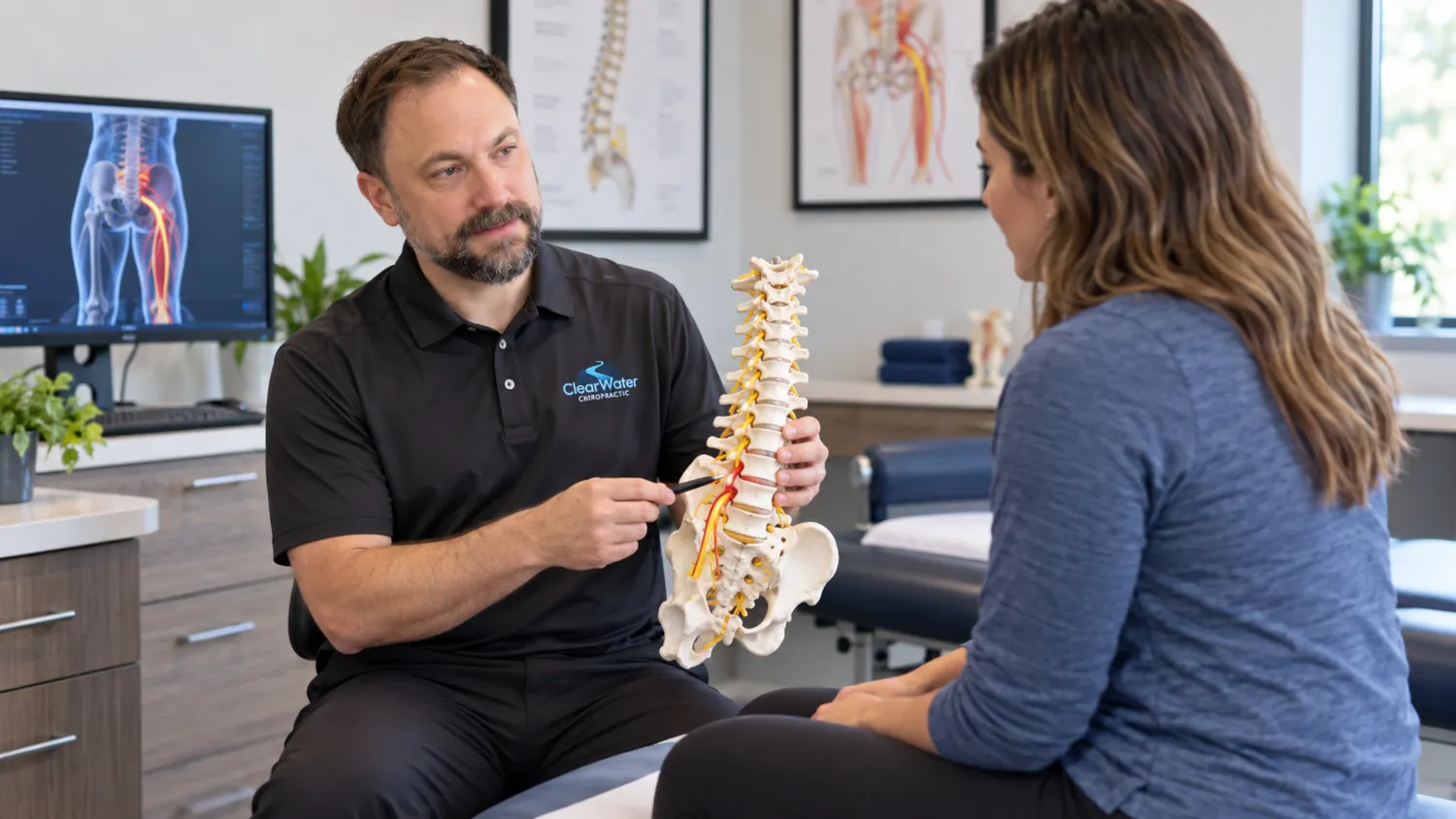 Dr. Flood explaining sciatica and the lower spine during a first chiropractic appointment