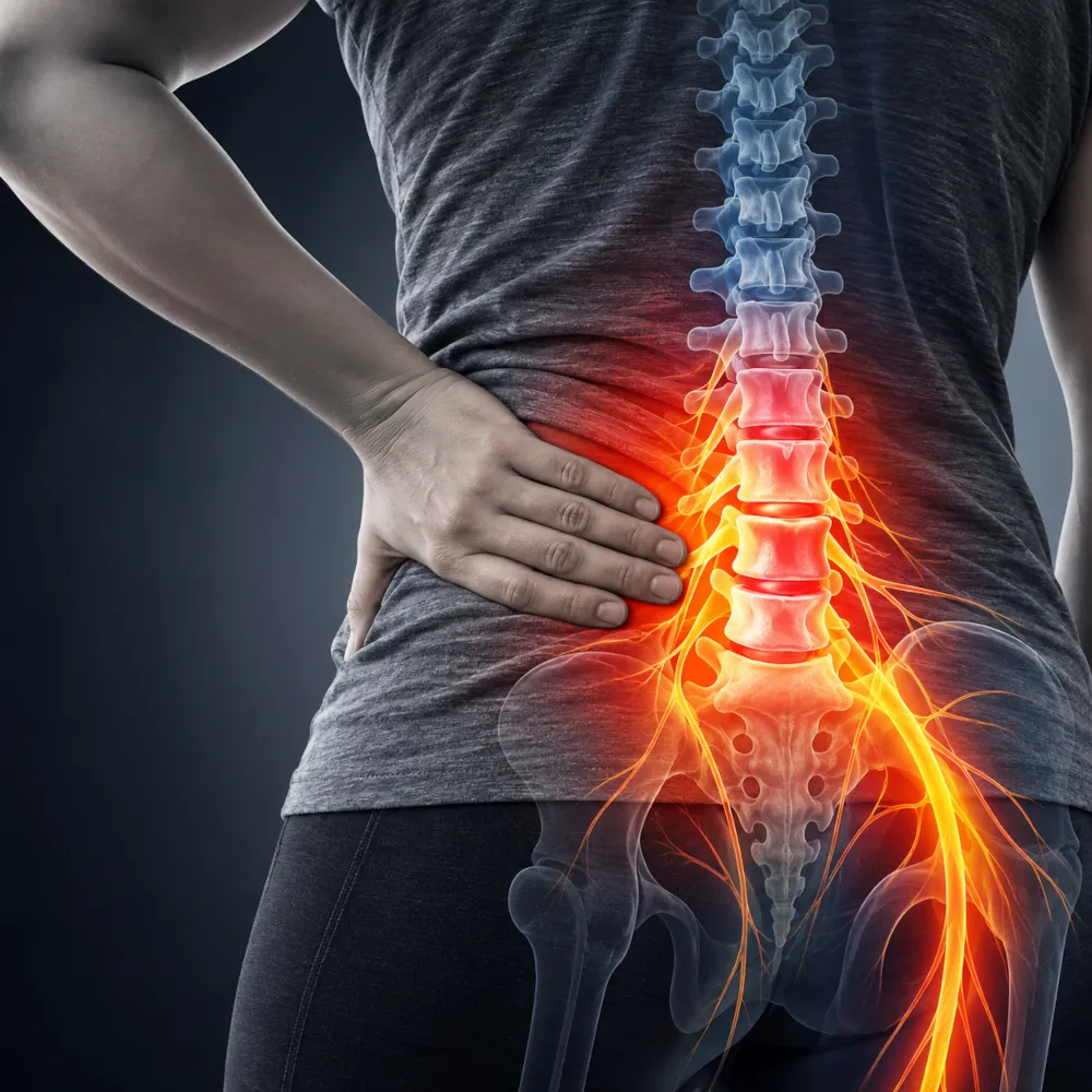Illustration showing sciatic nerve irritation in the lower spine and leg