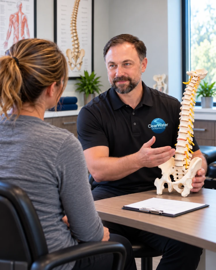 Dr. Flood explaining spinal anatomy during a first migraine appointment