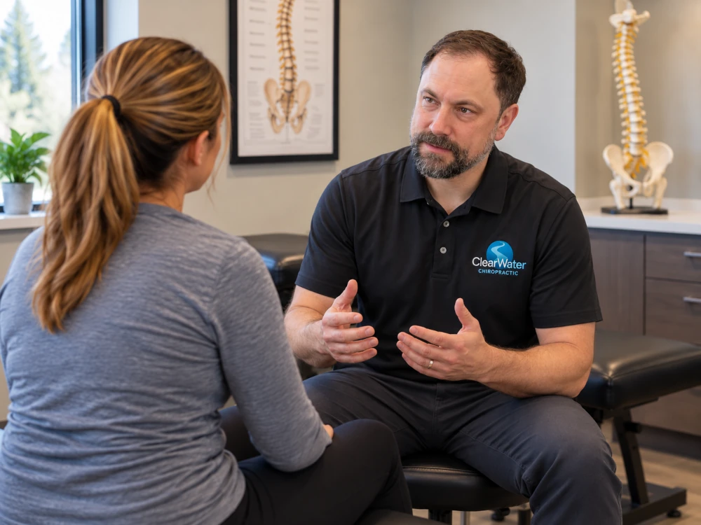Dr. Flood discussing migraine and headache symptoms with a patient at Clearwater Chiropractic